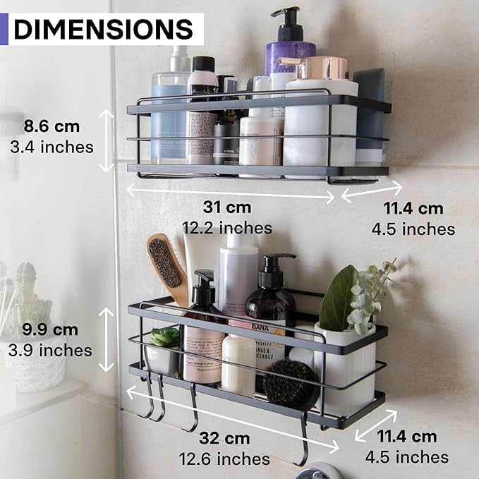 KINCMAX Premium Shower Caddy, 2-Pack Adhesive Shower Organizer, No Drill Bathroom Shelves, Rustproof Stainless Steel Shower Shelves for Inside, Shampoo Holder, Storage Rack, Matte Black