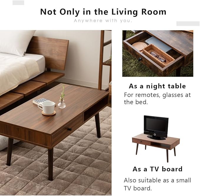 EMOOR Wooden Small Coffee Table with Storage Rectangle Medium (35.4"x17.7") Rustic Brown, Floor Sitting Low Table Small Space Minimalist Japanese Tatami Room