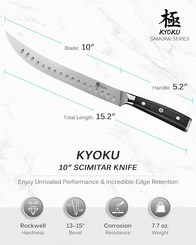 KYOKU 10" Scimitar Knife, Samurai Series Cimitar Breaking Knife with Pakkawood Handle, Japanese High Carbon Steel Butcher Knife, Full Tang Meat Slicing Knife for Roast Ham Poultry with Sheath and Case