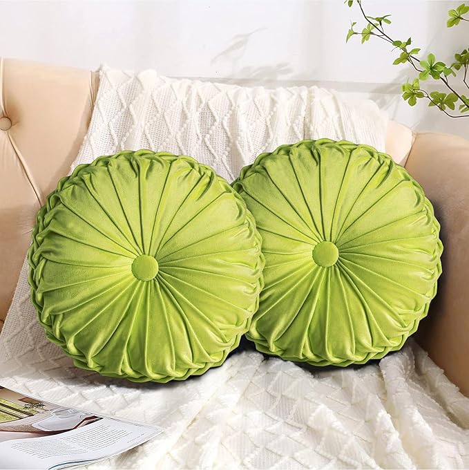 HIG Set of 2 Decorative Round Pleated Throw Pillows,Classy Accent Pumpkin Throw Pillows with Center Button,Vintage Velvet Floor Pillows for Sofa Vanity Chair Bed,Apple Green,14.5" Diameter(Ripple)