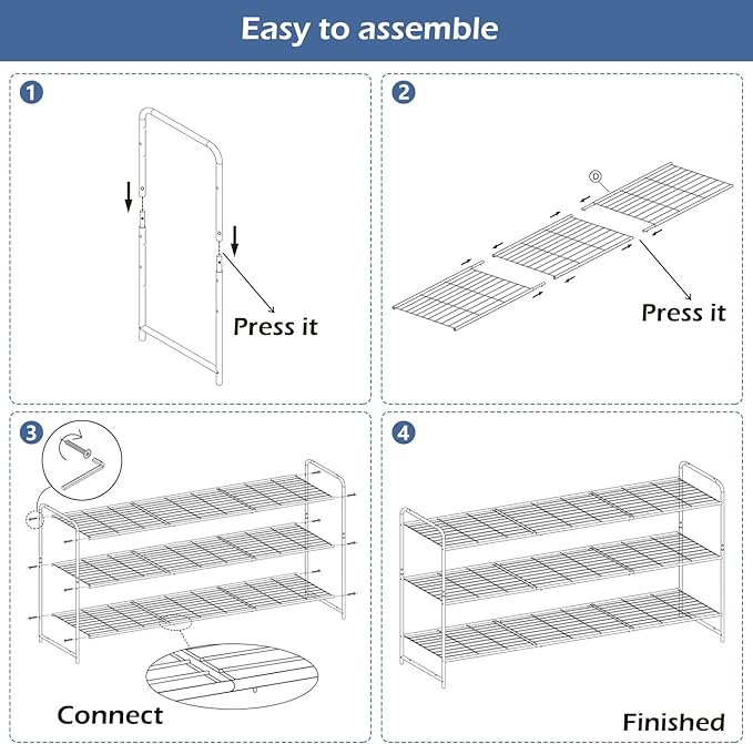 KEETDY 3-Tier Long Shoe Rack for Closet Metal Shoe Organizer for Entryway, Wide Stackable Shoe Storage Shelf with Sturdy Wire Grid for Closet Floor, Bedroom, Grey…