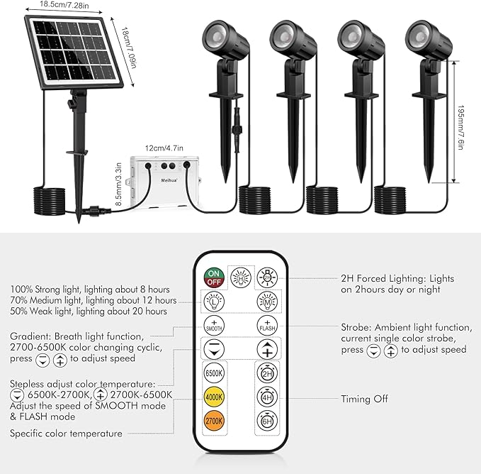 MEIHUA Solar Spot Lights Outdoor Garden, 4 in 1 2700K/4000K/6500K Adjustable LED Solar Powered Spotlight, IP66 Waterproof Solar Landscape Spotlights 3 Brightness for Garden Pathway Yard Tree