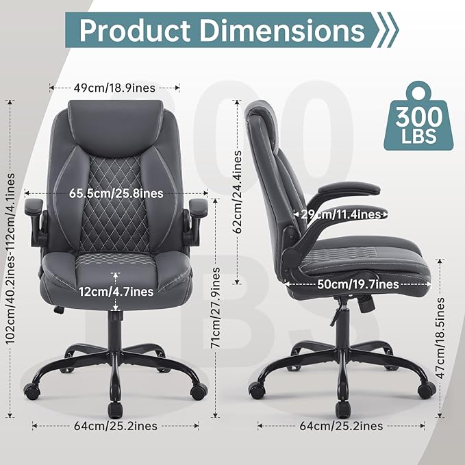 YFO Leather Office Chair, Ergonomic Home Office Desk Chair, Back Support Swivel Executive Office Chair with Wheels and Flip-Up Armrests, Small Gaming Chair with Adjustable Rocking Function, Grey