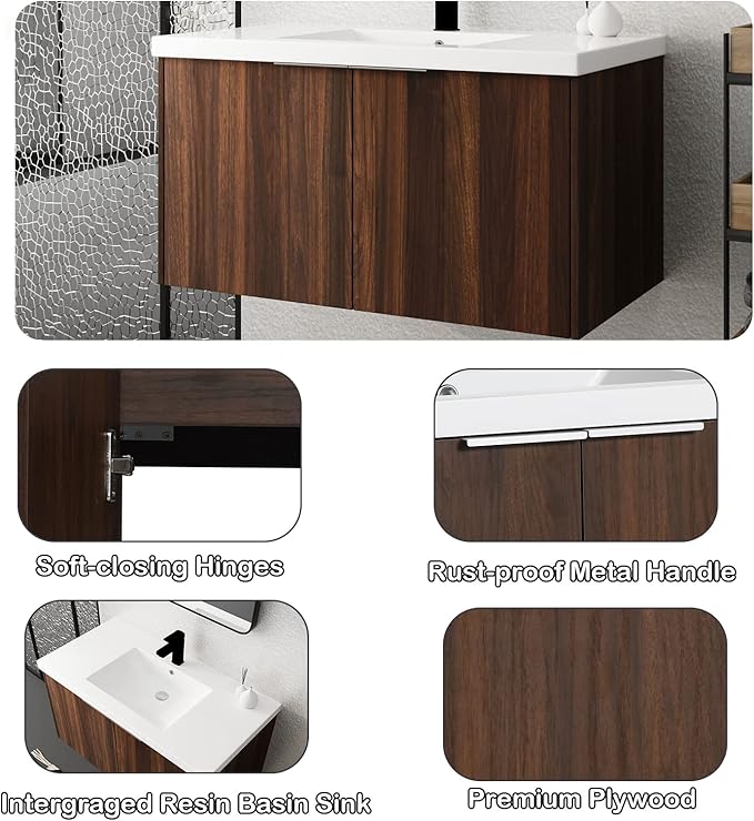Goujxcy 36" Wall Mounted Bathroom Vanity with Sink, Modern Floating Bathroom Cabinet with White Resin Wash Basin & Storage Cabinet, Soft-Close Door Wood Hanging Bath Room Cabinet