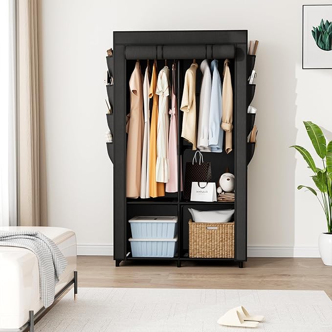 Portable Closet for Hanging Clothes, Portable Wardrobe Closet with Cover, 4 Storage Shelves, 2 Hanging Rods and 8 Side Pockets, Easy Assembly and Sturdy Free Standing Closet for Bedroom, Black