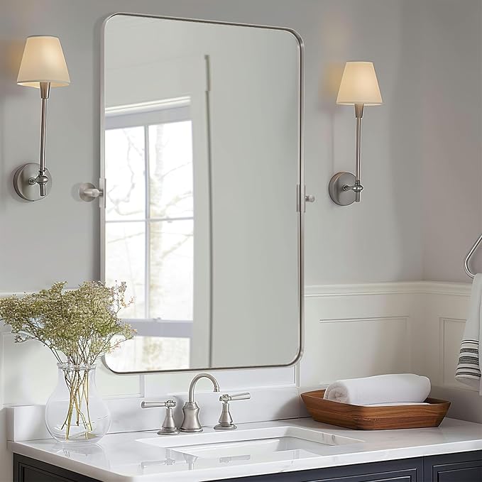 ANDY STAR 22"x34" Brushed Nickel Pivot Mirror for Bathroom, Silver Metal Frame Bathroom Mirrors for Wall，Rectangle Titling Vanity Wall Mirror with Rounded Corner Design Hangs Vertically Only