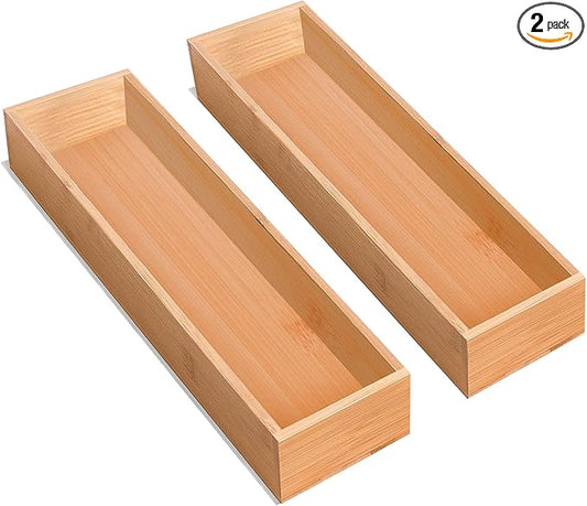 Silverware Drawer Organizer, Utensil Organizer, Bamboo Storage Box Wood Tray for Drawer Set of 2