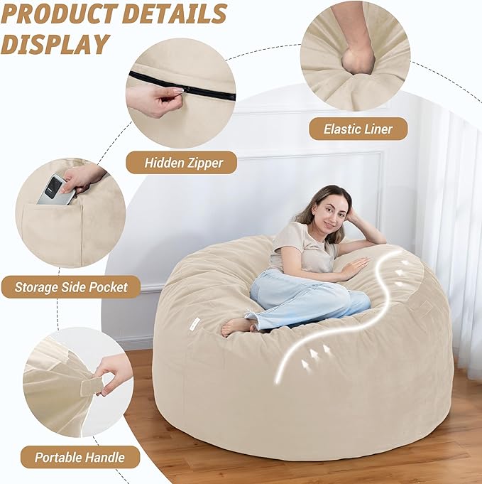 5FT Bean Bag Chair with Ultra Soft Velvet Cover Bean Bag Sofa with Memory Foam Bean Bag Chairs with Large Size Lazy Sofa for Dorm Office Living Room Bedroom Beige 5'