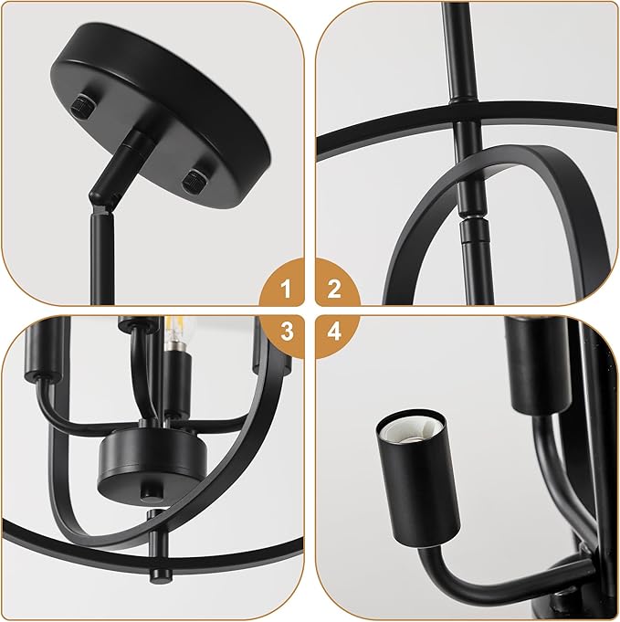 Small Modern Black Chandelier for Foyer, 4 Light Industrial Entryway Lighting Fixtures,Farmhouse Pendant Light for Kitchen Island Stairway Hallway Dining Room