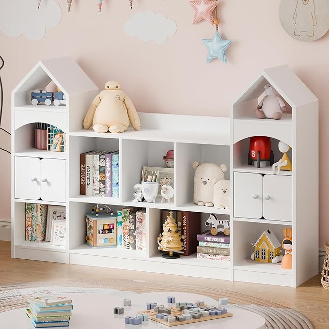 Vabches Castle Shape Children's Bookshelf, Kids Bookcase Display Case Kids Toy Storage Organizer Multifunctional Storage Cabinet Bookshelf Suitable for Playroom, Children's Room, Living Room, White