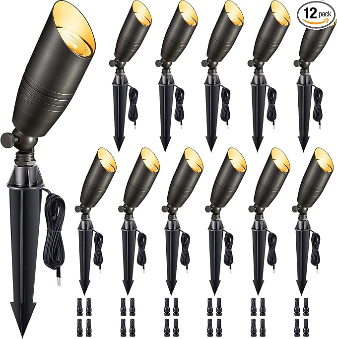 Die-Cast Brass Spot Light Outdoor - 12V LED Uplighting Waterproof, Low Voltage Landscape Lights Bright, Metal Direct Wire Bronze for Fence Fountain Without MR16 Bulbs (12 Pack)