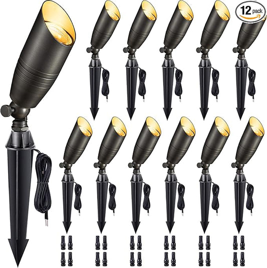 Die-Cast Brass Spot Light Outdoor - 12V LED Uplighting Waterproof, Low Voltage Landscape Lights Bright, Metal Direct Wire Bronze for Fence Fountain Without MR16 Bulbs (12 Pack)