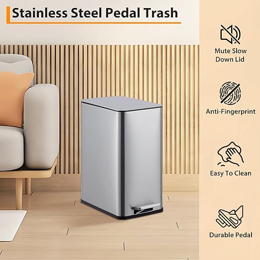 2.6 Gallon Kitchen Trash Can, Stainless Steel Garbage Can with Soft-Close Lid, Step Rubbish Bin with Removable Inner Bucket, Narrow Recycle Bins for Kitchen, Bathroom, Bedroom