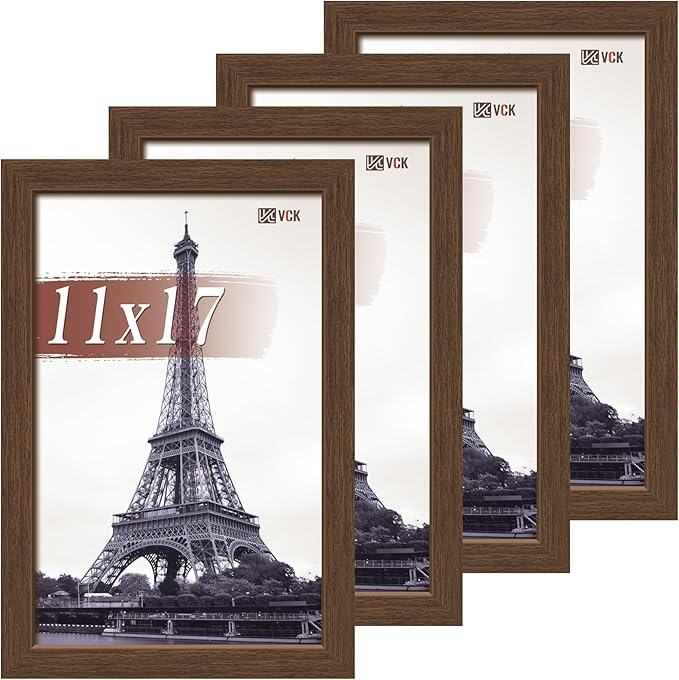 VCK 11x17 Picture Frame Set of 4 - Brown, Gallery-Quality Wood Poster Frames, 1.1-Inch Wide Border, Polished Plexiglass, Vertical or Horizontal Wall Display for Photo/Art/Prints, Brown