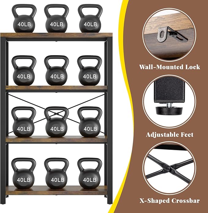 4-Tier Adjustable Heavy Duty Bookshelf, Industrial Wooden Open Storage Rack with Black Metal Frame, Vintage Bookcase with Lock Wall Design, Rustic Brown