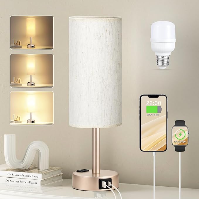 Bedside Table Lamp for Bedroom - 3 Way Dimmable Touch Lamp USB C Charging Ports and AC Outlet, Small Lamp Gold Base Round Flaxen Fabric Shade for Living Room, Desk, LED Bulb Included