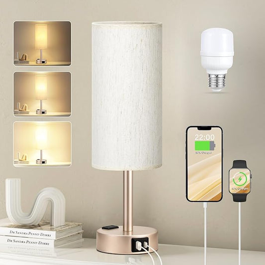 Bedside Table Lamp for Bedroom - 3 Way Dimmable Touch Lamp USB C Charging Ports and AC Outlet, Small Lamp Gold Base Round Flaxen Fabric Shade for Living Room, Desk, LED Bulb Included