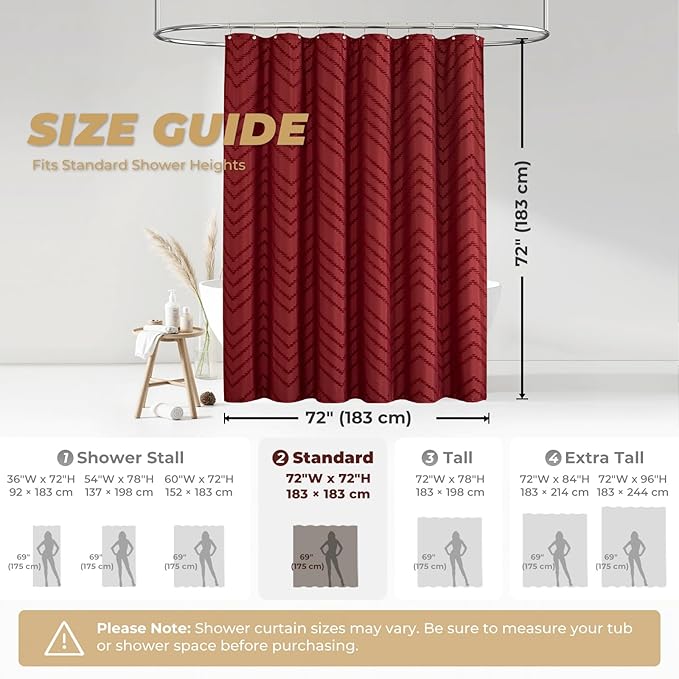 Burgundy Shower Curtain Boho Farmhouse Shower Curtain 72 x 72 Tufted Chevron Textured Minimalist Shower Curtains for Bathroom