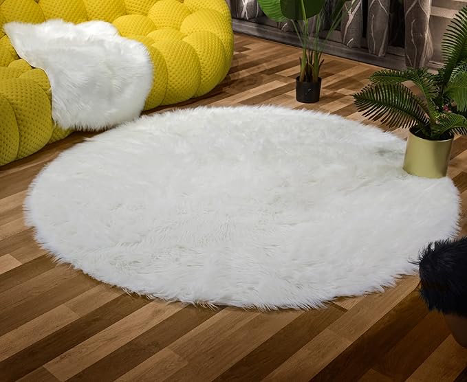 Latepis White Round Rugs 6ft Faux Fur Sheepskin Circle Rug for Living Room Fluffy Washable Rug for Bedroom Teen Room Dorm Cute Room Décor