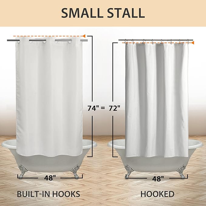 River Dream No Hook Stall Fabric Shower Curtain 48" Wide - Soft Microfiber Shower Stall Curtain Hotel Grade, Waterproof & Machine Washable, White, 48x74