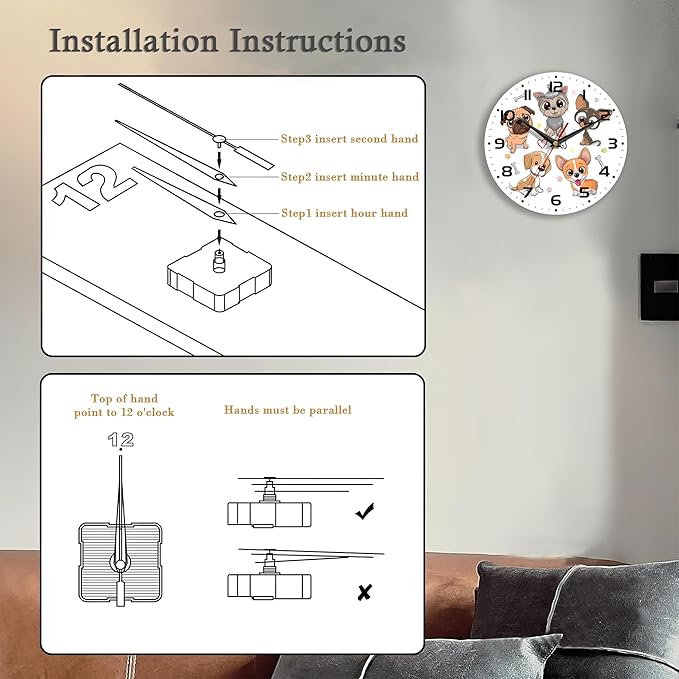 Wall Clock, 10 Inch Silent Non-Ticking Home Kitchen Decor, Battery Operated for Bathroom Bedroom Living Room Office(Cute Dogs)