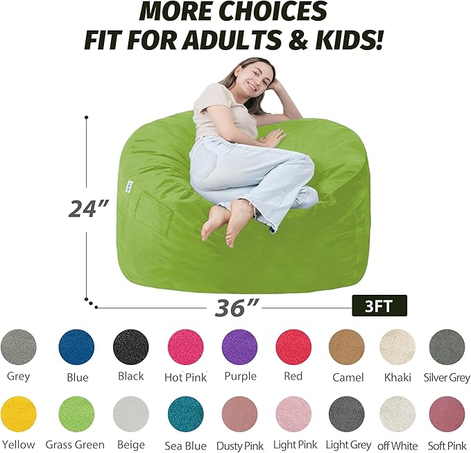 3FT Bean Bag Chair with Ultra Soft Velvet Cover Bean Bag Sofa with Memory Foam Bean Bag Chairs with Large Size Lazy Sofa for Dorm Office Living Room Bedroom Grass Green 3'