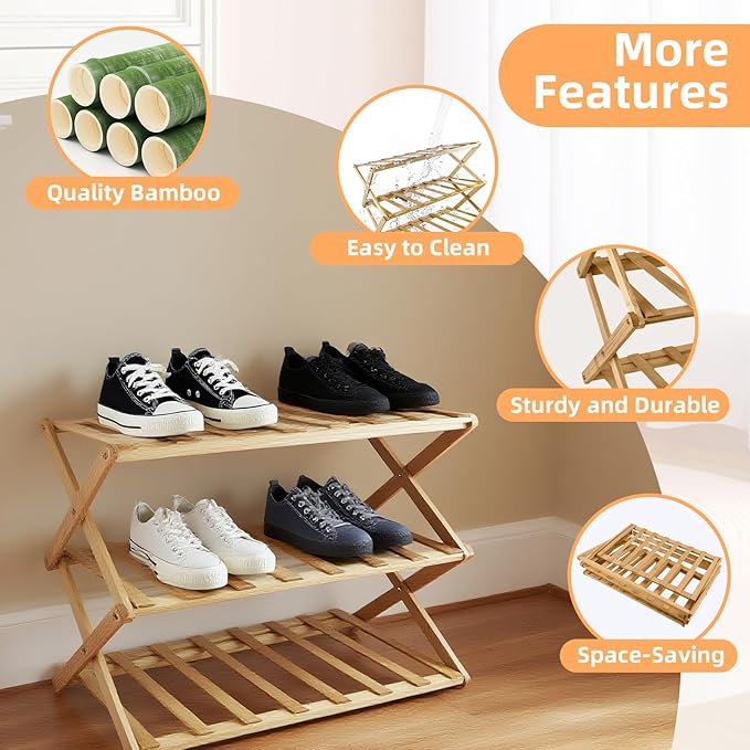3-Tier Bamboo Shoe Rack, Foldable Shoe Storage Organizer for Closet, Bedroom, Entryway & Living Room - Portable No-Assembly Design, Space-Saving for Shoes & Accessories(3 Tier) (Wood)