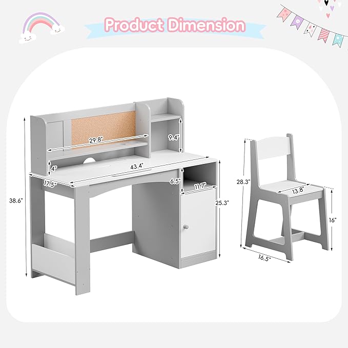 Kids Study Desk with Chair and Tiltable Desktop, Kids Stud Des and Chair Set with Hutch&Storage Cabinet, Wooden Children Study Table for 5-12 Years Old, Student Writing Desk for Bedroom (Grey)