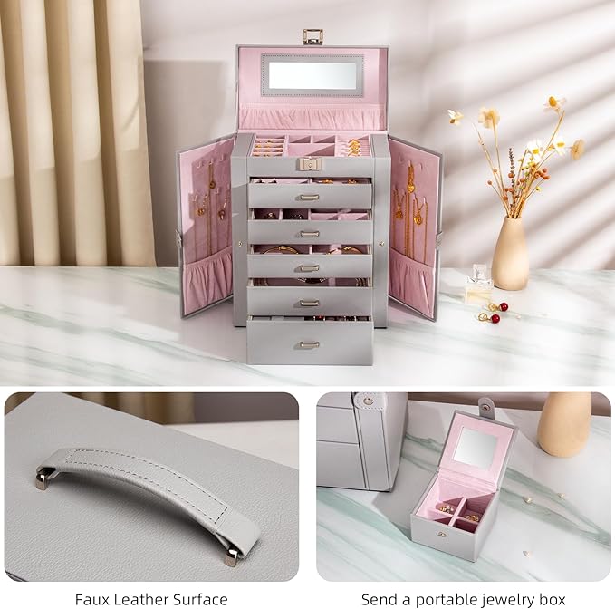 Large Jewelry Box,5-Tier PU Leather Jewelry Organizer with Lock,Multi-functional Storage Case with Mirror,Jewelry Organizer for Bracelets, Earrings, Rings, Necklaces, Mothers Day (GRAY)