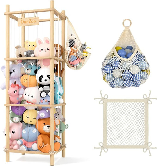 Stuffed Animal Storage or Organizer, Wooden Zoo Cage Toy Holder with Plush Hammock and Net Bottom for Toddlers Playroom, Bedroom