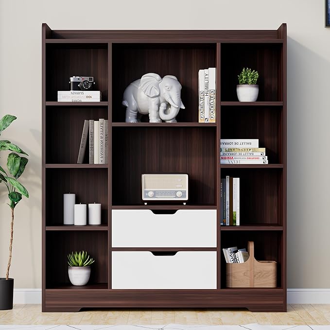 Cozy Castle Kids Bookshelf with Storage, Toy Storage Organizer with 2 Drawers and 10 Cubes 4-Tier Bookcase for Bedroom, Playroom, Hallway, Living Room(Brown & White)