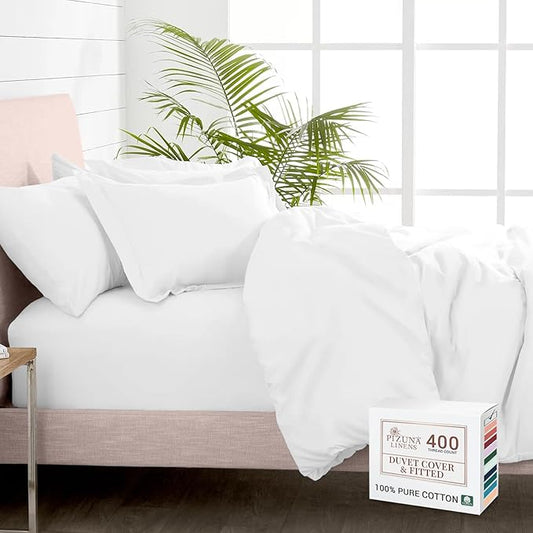 Pizuna 100% Cotton Queen 3 Pc Duvet Cover + 1 Pc Fitted Sheet Set 400 Thread Count White Sateen Weave Luxurious Long Staple Cotton 4 Piece Bedding Set - 1 Duvet Cover, 2 Pillow Shams, 1 Fitted Sheet