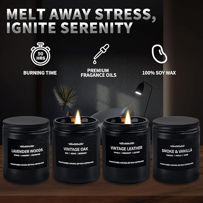 Scented Candle Set, Men Candle Set, Scented Candles for Home, Gifts for Men, 4 Pack Manly Candles Gifts for Mens Scents of Smoke Vanilla/Leather/Oak/Lavender Wood