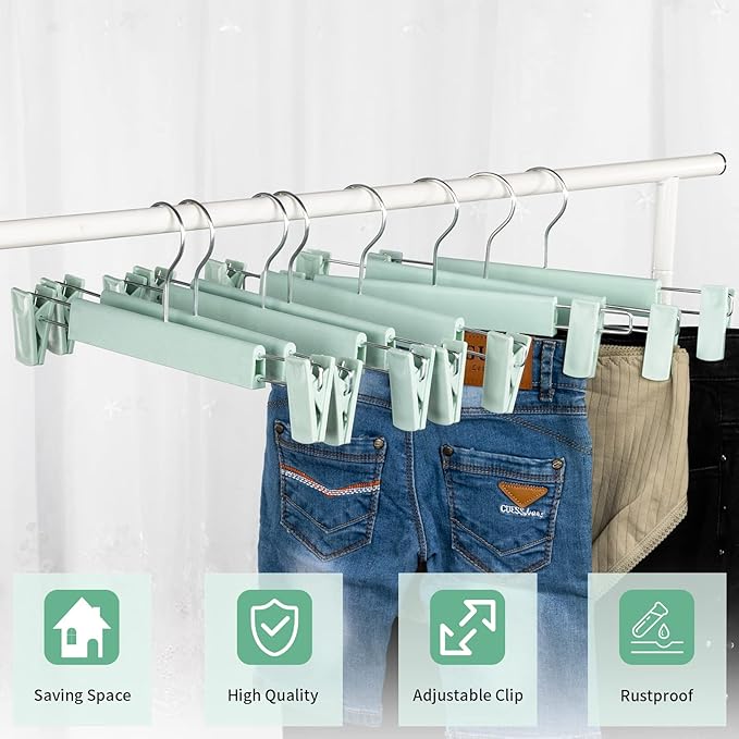 Skirt Hangers，Pants Hangers with Clips，360 ° Swivel Hooks Space Saving Hangers for Pants, Skirts, Clothes, Jeans (10Pack, Light Green)