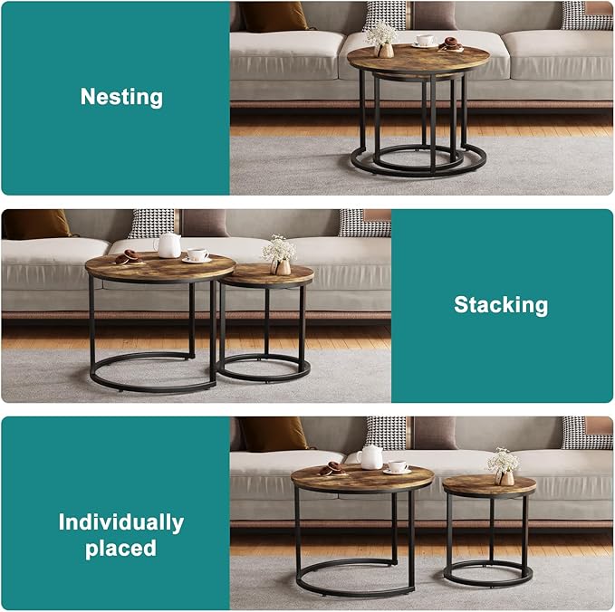 Smuxee Nesting Coffee Table Set of 2, 23.6" Round Coffee Table Rustic Wood Top with Adjustable Non-Slip Feet, Industrial End Table Side Tables for Living Room Bedroom Balcony Yard