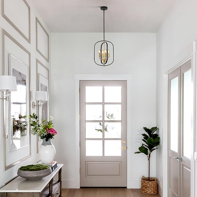 Modern Black and Gold Chandelier for Entryway, 4-Light Small Geometric Dining Room Light Fixture Over Table,Industrial Metal Hanging Pendant Lights for Kitchen Island, Staircase,Foyer