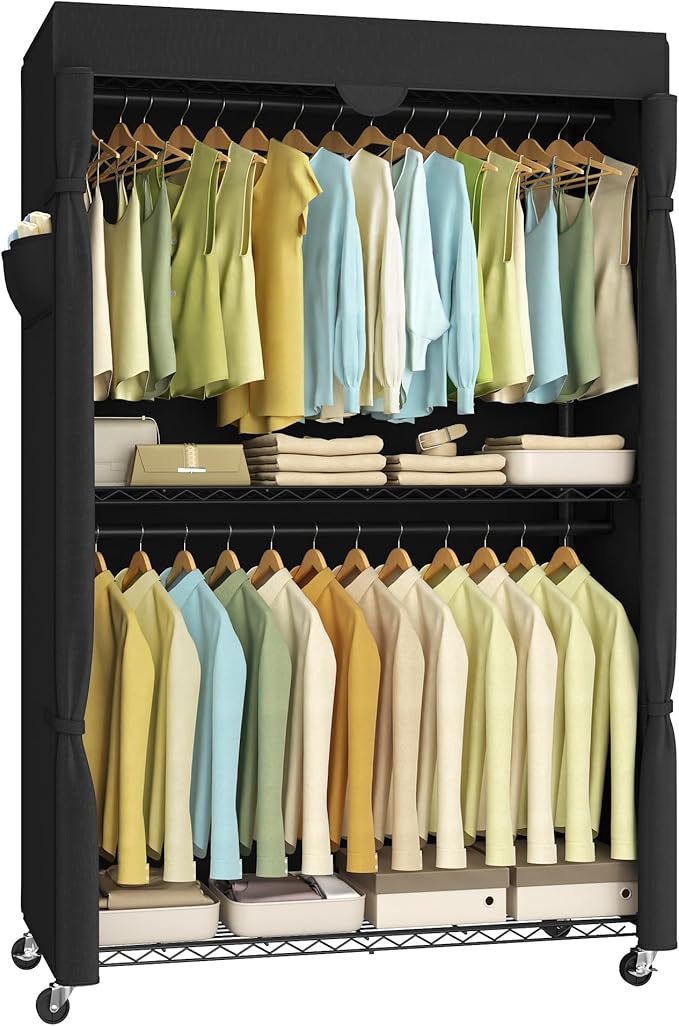 SONGMICS Heavy-Duty Rolling Clothes Rack, Garment Rack, Portable Closet, 43.3-Inch Wide Clothing Rack on Wheels, with Adjustable Mesh Shelves and Hanging Rails, Fabric Cover, Ink Black ULGR415B01