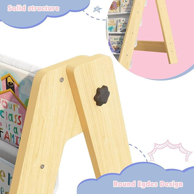 NACHES 4-Tier Foldable Kids Bookshelf, Large Capacity Montessori Sling Bookcase with 4 Deep Fabric Pockets, Magazine and Book Storage Rack for Nursery, Kids Room, Bedroom, Playroom (Burlywood)