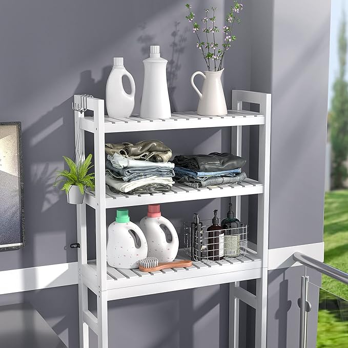 Homykic Over The Toilet Storage, Bamboo Over Toilet Bathroom Organizer Rack, Freestanding Bathroom Shelves Above Toilet Storage with 3 Hooks, Bathroom Space Saver, No Rust, Easy to Assemble, White