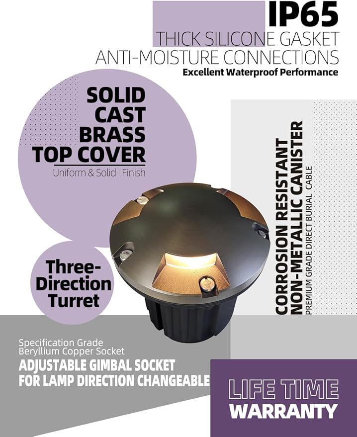 MALORY Brass Top Cover Landscape Well Lights, （5‘’H） Low Voltage Outdoor In Ground Lights, 12V Landscape Lighting for Pathway, Driveway and Garden (Three-Direction Turret, 1-Pack with Bulb)