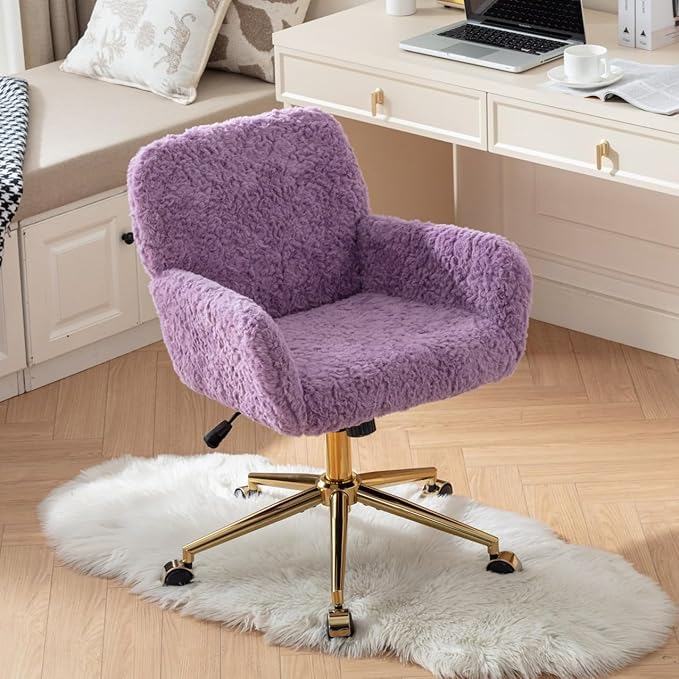 Goujxcy Faux Fur Home Office Teddy Fabric Swivel Chair - Height Adjustable Purple Elegant Vanity Chair for Teen Girls