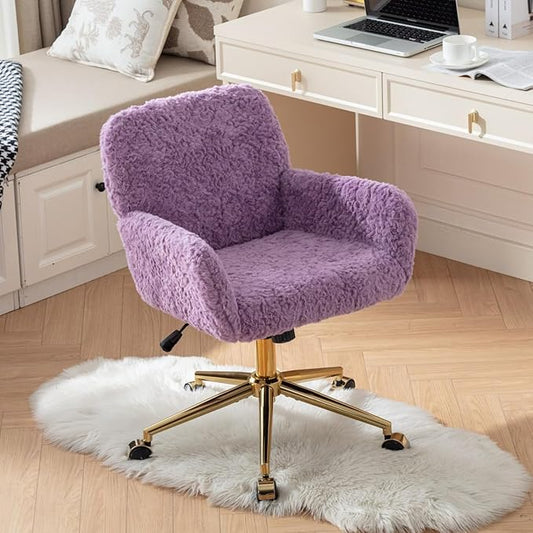 Goujxcy Faux Fur Home Office Teddy Fabric Swivel Chair - Height Adjustable Purple Elegant Vanity Chair for Teen Girls