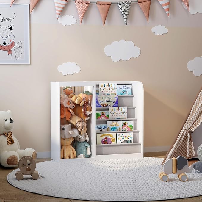 White Kids Bookshelf & Stuffed Animal Net Holder Plush Toy Storage Organizer Child Bookcase Toddler Baby Sling Book Rack for Playroom Bedroom Nursery Infant Boys Girls Classroom