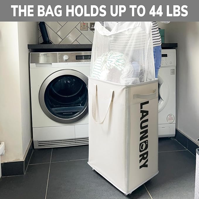 Goodpick Laundry Baskets with Wheels and Handle, 2-Pack 75L Collapsible Laundry Baskets, Clothes Laundry Basket with Removable Wash Bags for Corner Dorm, White Rolling Laundry Hamper