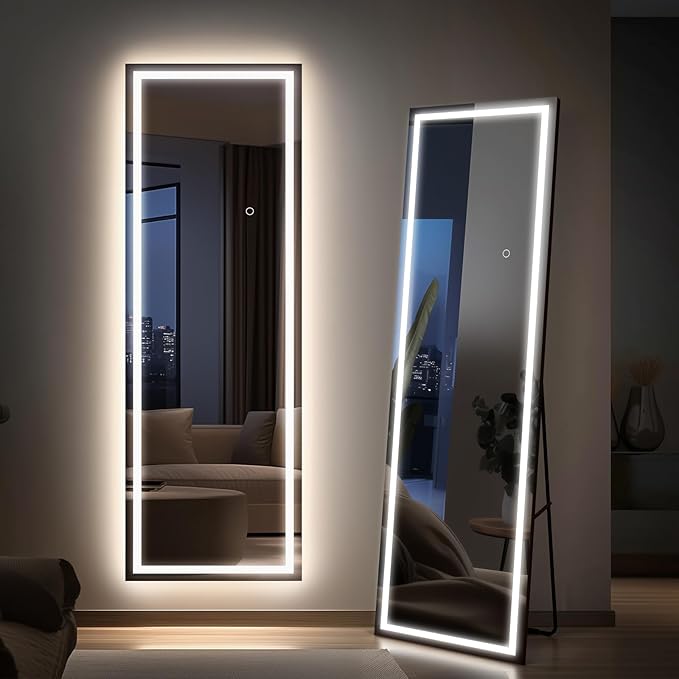 65x24 Full Length Mirror, Dimmable 3 Color LED Light w/Light Memory, Distortion Free Silver Coating Mirror, HD Reflection &Anti Desilvering,Tempered Glass &Shatter Proof Film Doubles Safety