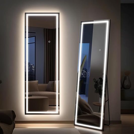 66x22 Frameless Full Length Mirror, Dimmable 3 Color LED Light w/Memory Function, Distortion Free, HD Reflection & Anti Desilvering, Tempered Glass & Shatter Proof Film Doubling Safety