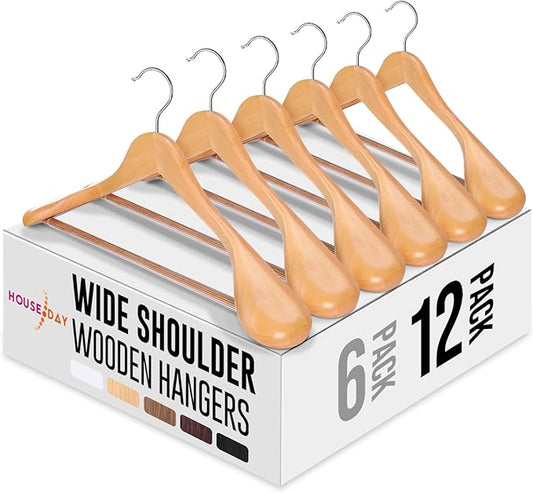 HOUSE DAY Wide Shoulder Wooden Hangers 12 Pack, Wood Suit Hangers for Men with Non Slip Pants Bar, Smooth Finish Solid Wood Coat Hanger for Jacket, Pants, Dress, Heavy Clothes Hangers (Natural)