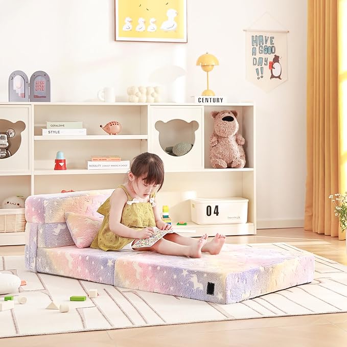 Folding Sofa Bed Floor Mattress for Kids with Pillow, Toddler Washable Folding Floor Nap Mat Futon, Child Fold Up Sofa Chair Bed with Storage Bag for Girls and Boys