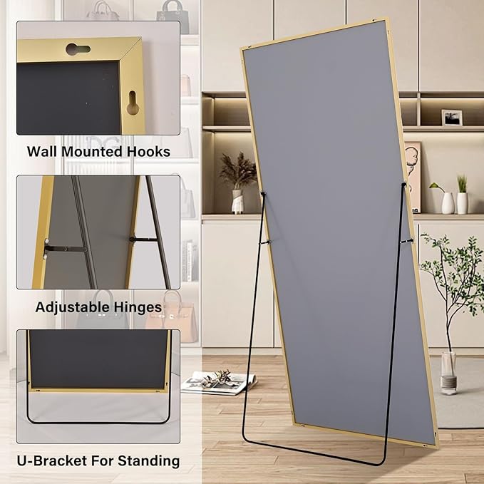 HARRITPURE 68" x 24" Full Length Mirror - Rectangle Aluminun Alloy Frame Floor Mirrors for Entryway/Cloakroom/Bedroom Standing/Hanging,Gold