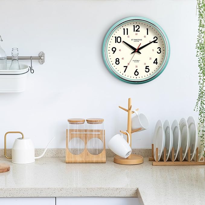 Wall Clock Metal 12.4" Vintage Retro Wall Clocks Countryside Style Silent Non Ticking Easy to Read for Living Room, Kitchen, Bedroom, Office, Bar(12.4" Teal)